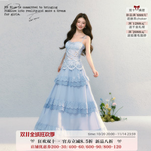 BB BLUE/蓝色纳帕海假日度假吊带连衣裙两件套收腰显瘦大裙摆长裙