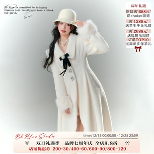 中长款 赫本千金风毛呢大衣外套女秋冬季 原创设计 斗篷 BLUE