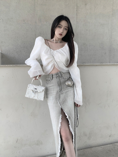 衬衫 法式 BLUE小众一字肩上衣仙气锁骨别致小香温柔高级感短款