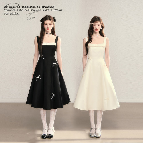 蝴蝶结法式长裙吊带连衣裙