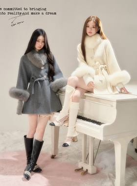 BB BLUE/格雷千金/高级感呢子外套双面呢羊毛真狐狸毛羊绒大衣女