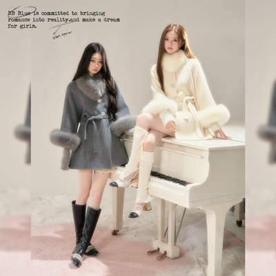 BB BLUE/格雷千金/高级感呢子外套双面呢羊毛真狐狸毛羊绒大衣女