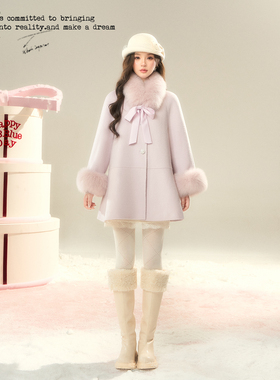BB BLUE/星黛露紫/蝴蝶结狐狸毛廓形设计100羊毛千金感双面呢大衣