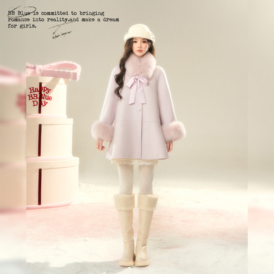 BB BLUE/星黛露紫/蝴蝶结狐狸毛廓形设计100羊毛千金感双面呢大衣