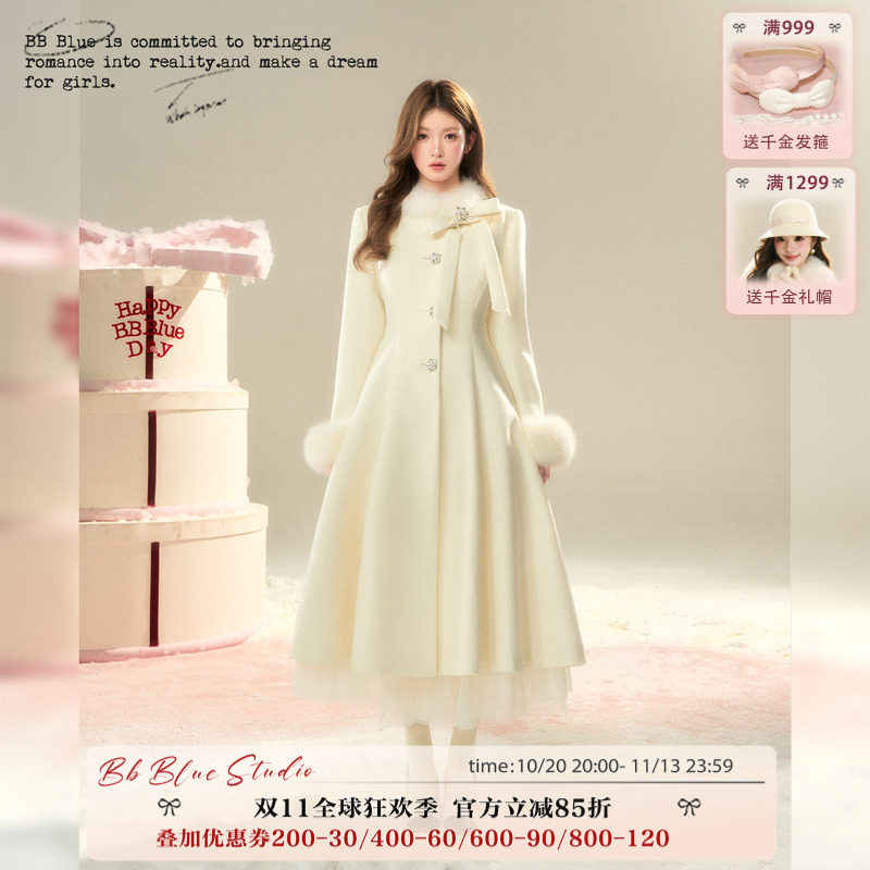 BBBLUE/冰岛情书/2025年新款新色赫本千金风蝴蝶结长款收腰大衣女