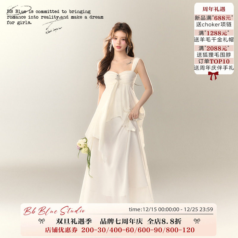 BB BLUE/海岸浮光/白色海边度假连衣裙夏假两件别致显瘦吊带长裙