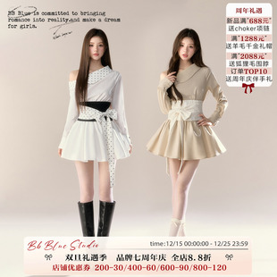 冷淡系高级不撞款 心动信号 小个子巨好看露肩衬衣连衣裙 BLUE