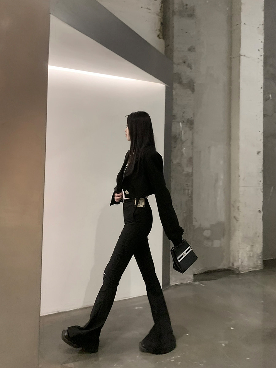BBBLUE暗黑高腰拉链头喇叭裤