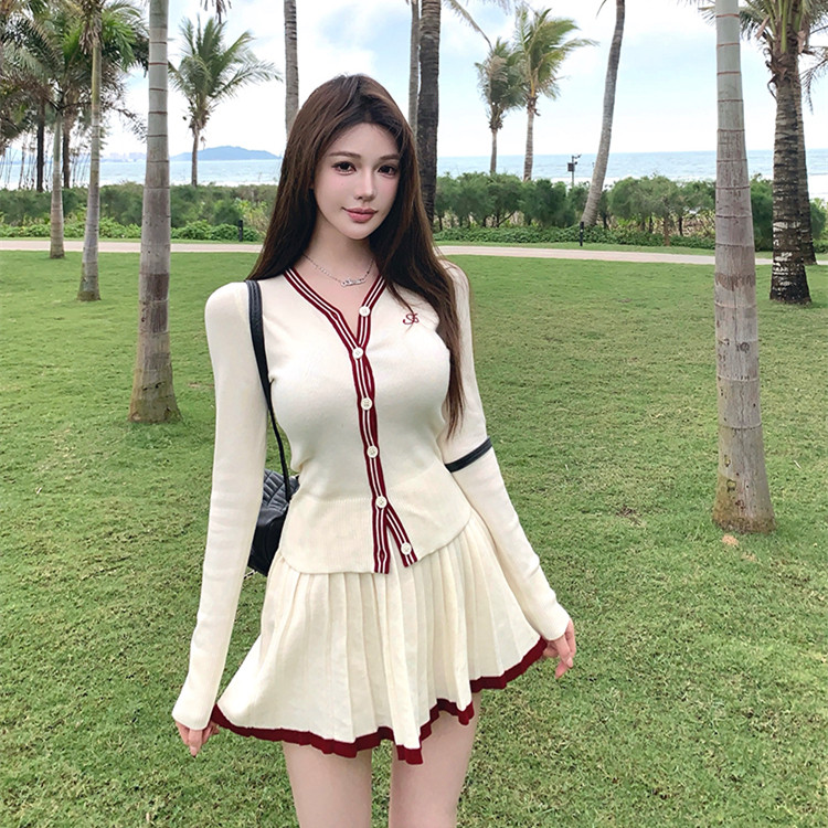 高尔夫服装女士长袖针织衫收腰撞色上衣女百褶裙两件套运动套装秋