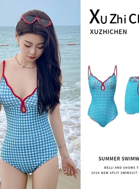 新款蓝色泳衣女士连体遮肉性感显白度假高级感纯欲风露背温泉泳装