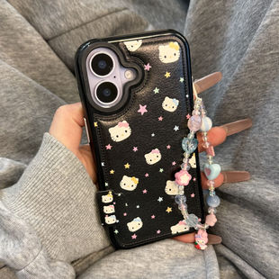少女心彩色满屏星星KT猫链条适用于iphone17promax苹果14手机壳15新款16pro少女13可爱17pm皮质硅胶防摔软壳