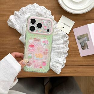 韩系ins粉绿烛光蛋糕猫咪适用苹果17promax手机壳iphone16pro新款15磨砂卡通14高级感13女17全包防摔保护套软