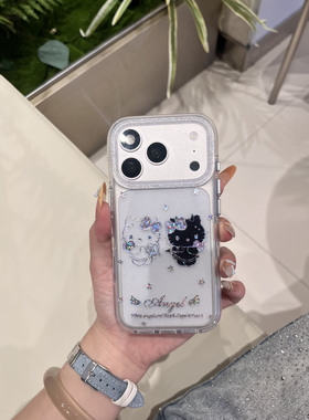 韩系ins透明闪闪两个猫咪适用苹果17promax手机壳iphone16pro新款15可爱卡通14高级感13女17全包防摔保护套软