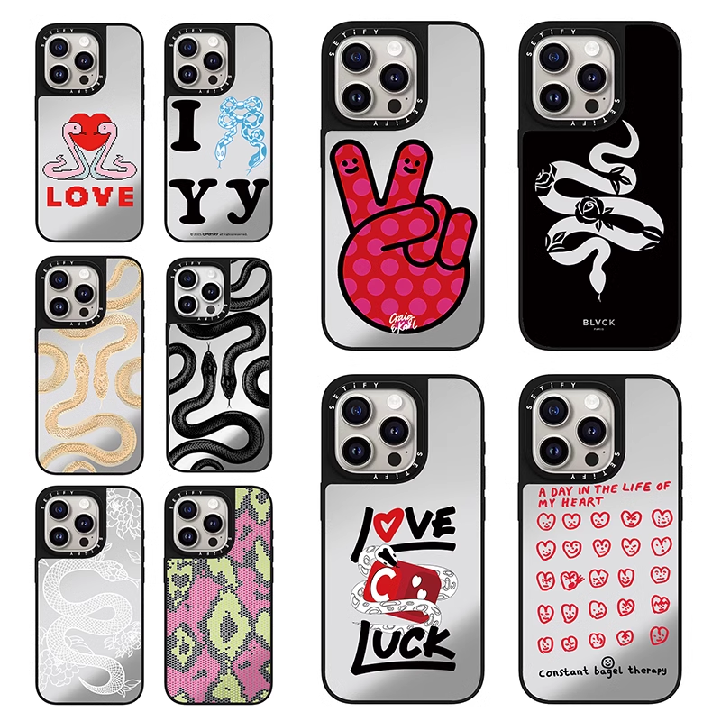 CASE蛇与爱心适用iPhone16Pro苹果15Promax壳12镜面13潮牌14防摔套15Pro高级感16Promax个性Plus可磁吸11