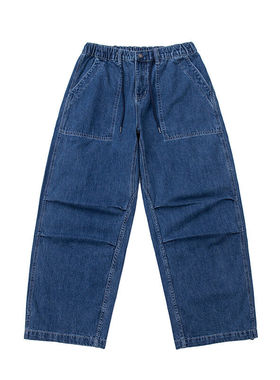 美式复古潮牌深蓝色款双褶伞兵牛仔裤男春秋季百搭宽松直筒长裤子