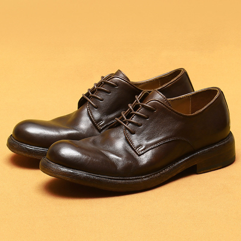 商务休闲皮鞋男真皮水洗复古做旧goodyear真皮底圆头手工男鞋