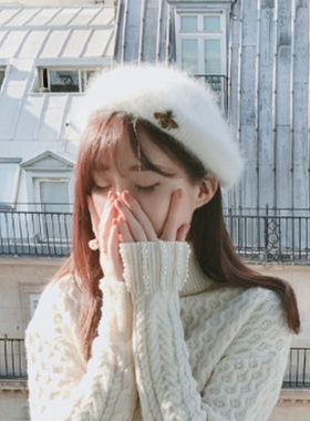 时尚蜜蜂毛绒兔毛白色贝雷帽女韩版日系百搭保暖帽子秋冬季时尚潮