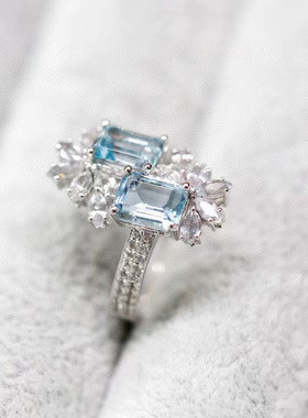 925纯银雪花戒指 时尚个性Ins海蓝宝新款夏季开口可调节食指戒