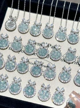 小红薯爆款在逃公主天然蓝水翡翠花吊坠S925银蝴蝶结配饰项链礼物