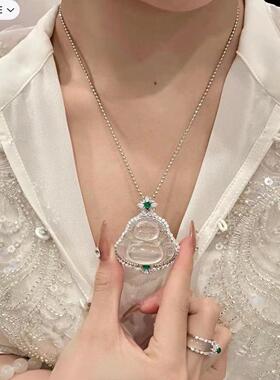 天然冰种玉髓佛公吊坠女翡翠色镶嵌宝石白玉玛瑙弥勒佛项链子