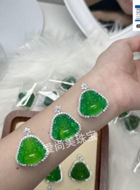 纯银925冰种正阳绿佛公玉髓吊坠925嵌弥勒佛帝王绿满绿玉佛吊坠