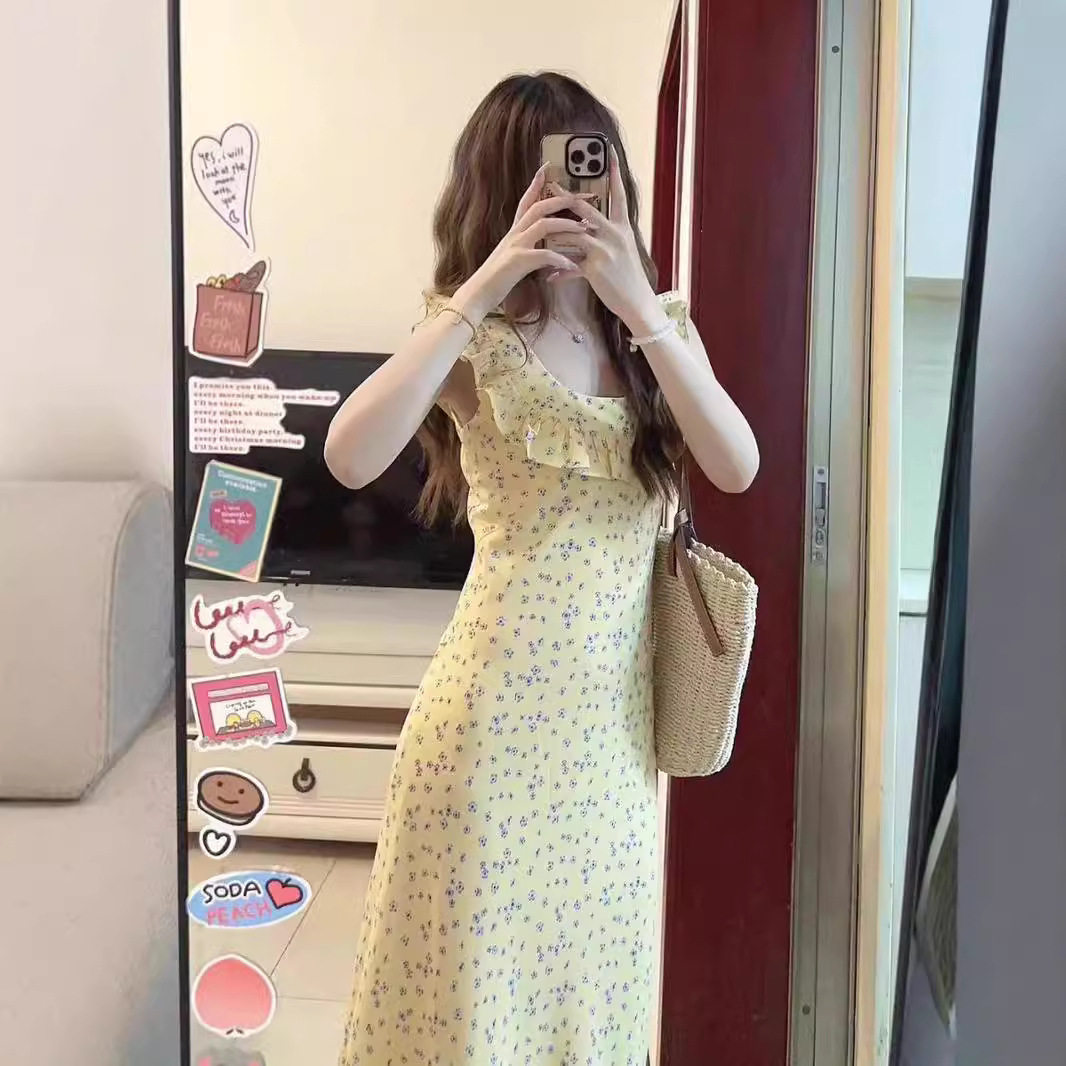 法式复古碎花连衣裙中长款气质淑女方领荷叶边裙子女夏季过膝长裙