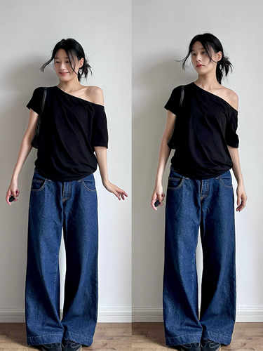 黑色辣妹斜领露肩短袖T恤