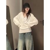 慵懒风宽松v领排扣蝙蝠袖 上衣女春夏季 高级感修身 大码 显瘦长袖 T恤