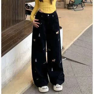 胖MM美式 高腰宽松垂感阔腿裤 黑色小狗刺绣牛仔裤 新款 子 女春季 大码
