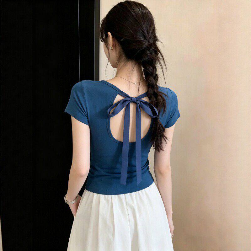 大码胖mm韩系温柔风露背系带修身T恤女2026新款夏季显瘦短袖上衣
