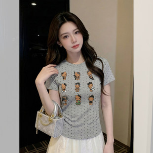 T恤女2026夏季 短袖 炸街显瘦上衣 胖mm极简风灰色波点印花修身 大码