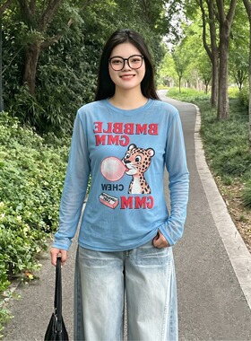 大码韩系卡通印花长袖T恤女夏季蓝色薄款透气防罩衫减龄显瘦上衣