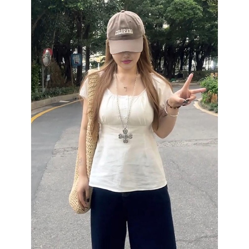 大码胖mm高级感气质短袖白色衬衫女夏季百搭显瘦减龄蕾丝花边上衣