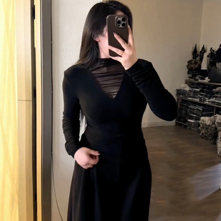 大码黑色网纱拼接长袖打底衫T恤女2026春秋胖mm磨毛气质内搭上衣