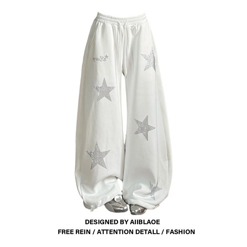 大码美式星星烫钻设计感弯刀卫裤女秋冬胖mm时尚百搭显瘦阔腿裤子,女装/女士精品,大码裤装,淘宝优惠券,粉丝福利购,淘宝优惠卷