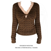 上衣女秋冬修身 大码 胖MM设计感复古蕾丝V领假两件长袖 显瘦内搭T恤