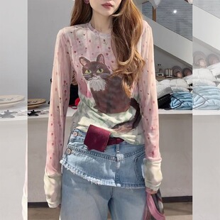 修身 大码 新款 t恤女2026春季 绝美圆领上衣 微胖mm粉色小猫网纱长袖