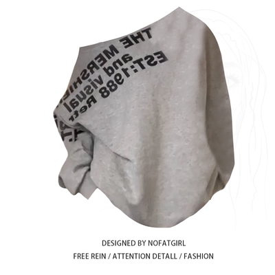 大码胖mm美式灰色字母印花卫衣女秋季新款宽松显瘦斜肩长袖上衣潮