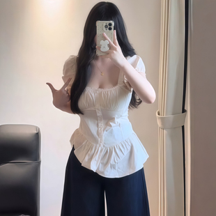 微胖mm显瘦不规则荷叶边下摆上衣 大码 韩系甜美方领短袖 衬衫 女夏季