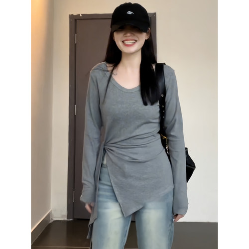 秋季不规则绑带收腰长袖T恤女