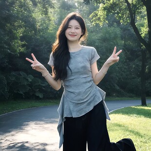 大码 t恤女夏季 微胖mm捏褶掐腰时尚 气质上衣 设计感不规则下摆短袖