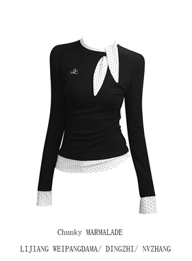 大码胖MM韩系蝴蝶结波点拼接长袖t恤女秋季修身显瘦假两件打底衫