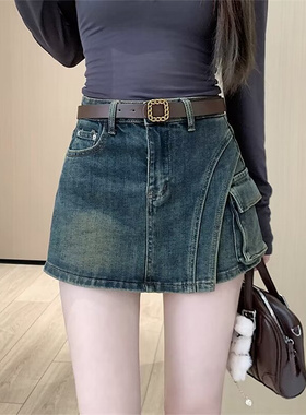 大码胖mm美式不规则牛仔短裙女夏季新款复古A字裙高腰包臀裙裤裙