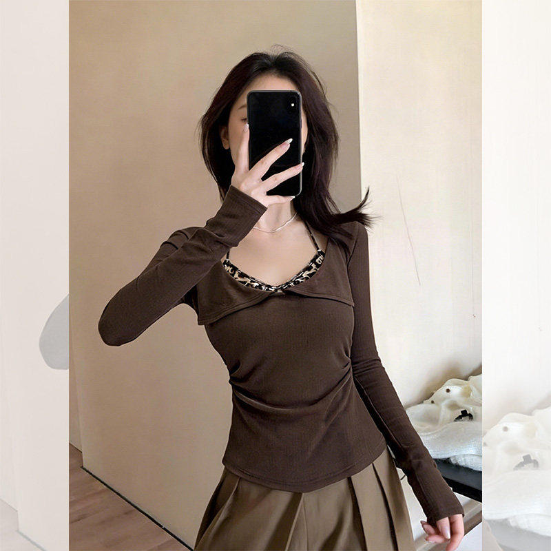 大码胖mm挂脖假两件u领内搭打底上衣女秋冬掐腰设计感修身长袖t恤,女装/女士精品,大码内搭,淘宝优惠券,粉丝福利购,淘宝优惠卷