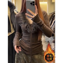 大码胖mm韩系毛毛领系带T恤女秋冬季新款加绒磨毛打底衫气质上衣