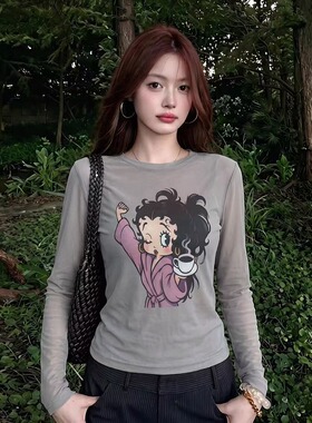 大码胖mm美式卡通印花灰色长袖T恤女夏季慵懒风显瘦绝美网纱上衣