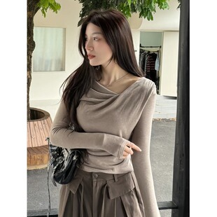 显瘦气质打底衫 大码 秋季 T恤女2025新款 上衣 胖MM韩系荡领正肩长袖