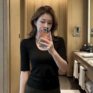 显瘦气质短款 微胖mm黑色u领短袖 收腰纯欲风修身 大码 上衣 t恤女夏季