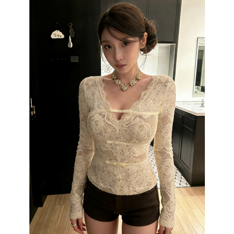 大码胖MM纯欲风修身显瘦内搭上衣女秋冬新款蝴蝶结V领蕾丝打底衫,女装/女士精品,大码内搭,淘宝优惠券,粉丝福利购,淘宝优惠卷