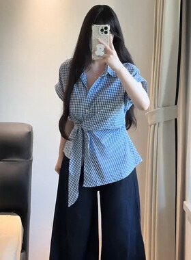 大码女装镶钻绑带掐腰蓝色格子短袖衬衫夏季新款胖mm时尚气质上衣